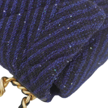 CHANEL 19 Flap Quilted Tweed Sequins Shoulder Bag Navy Blue