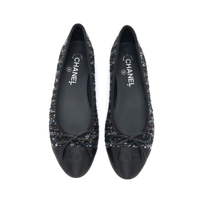Chanel Size 39 Ballerina Flat Shoes Tweed/Satin Black/Multicolour
