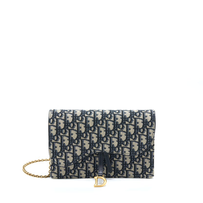 Dior Saddle Pouch With Chain Blue Dior Oblique Jacquard