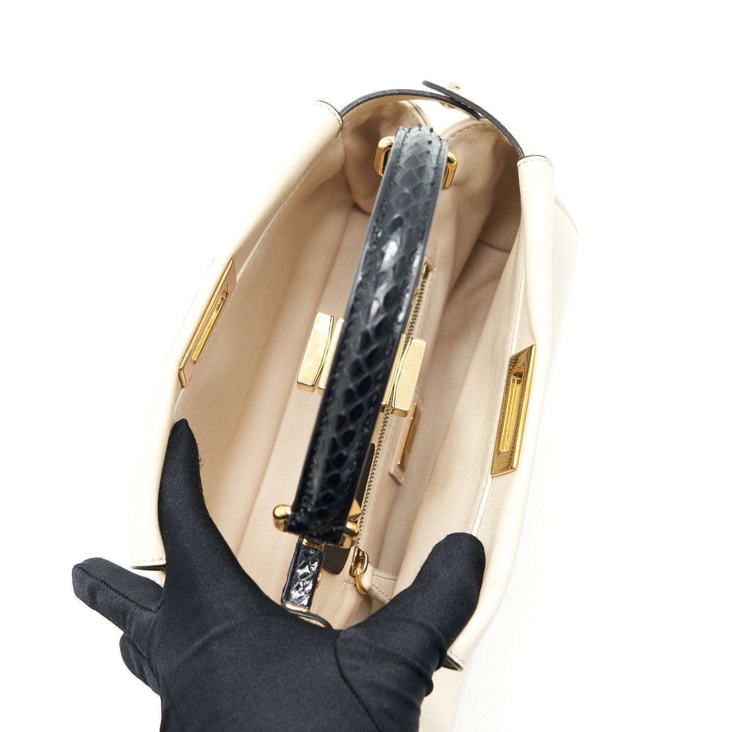 FENDI PEEKABOO MINI HANDLE BAG LAMBSKIN IN CAMELIA/BLACK