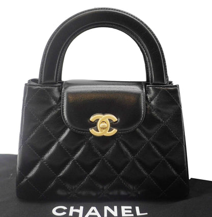CHANEL Kelly Nano Quilted Aged Calfskin Leather Top Handle Shoulder Bag Black