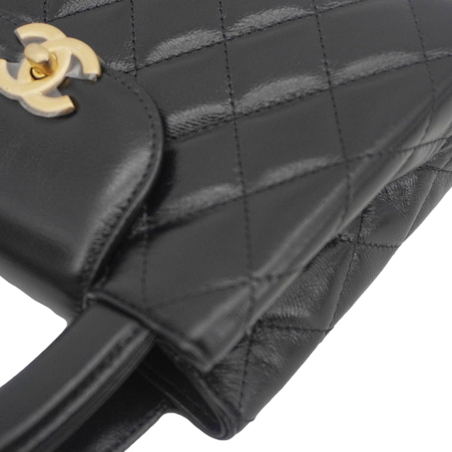 CHANEL Kelly Nano Quilted Aged Calfskin Leather Top Handle Shoulder Bag Black