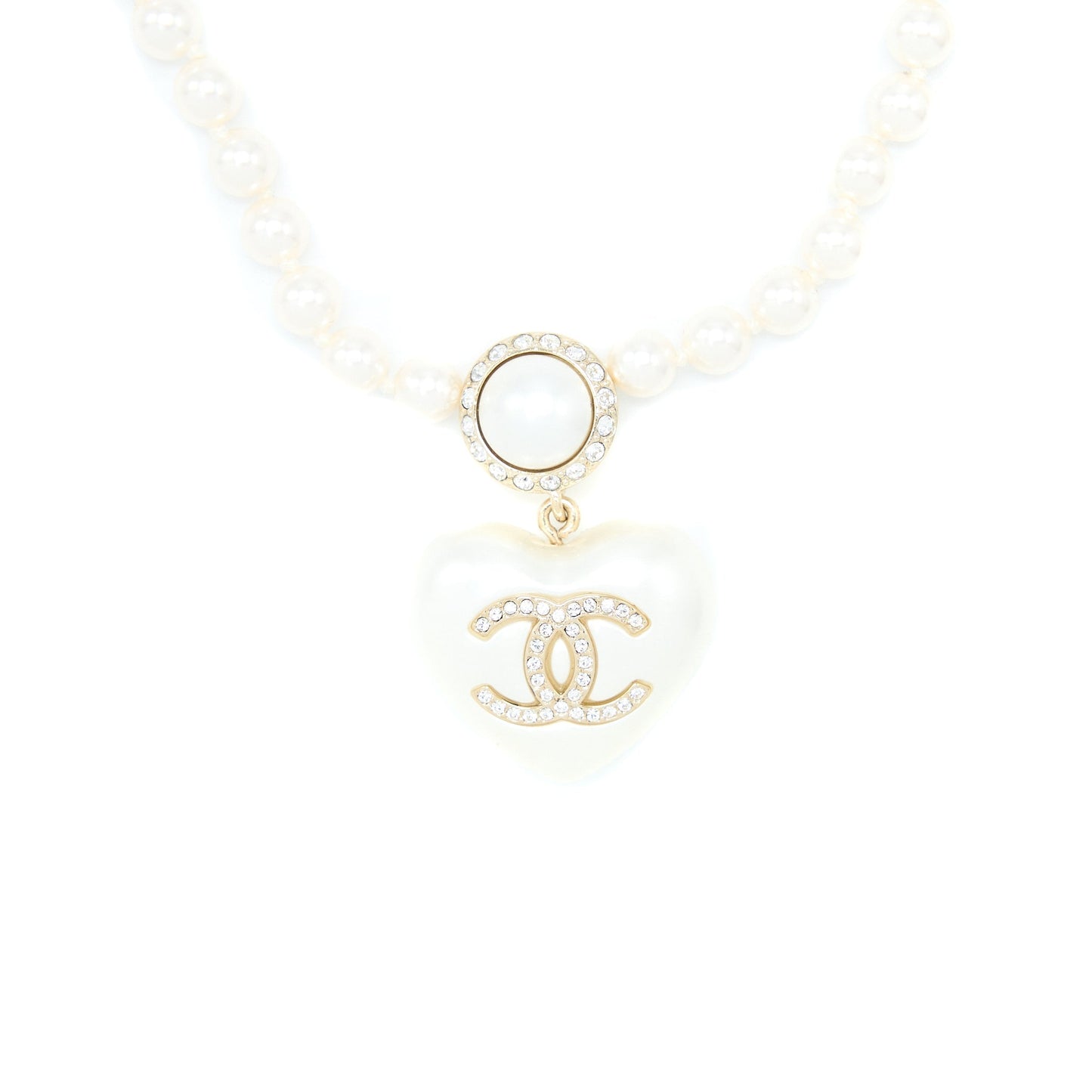 Chanel CC Logo Heart Necklace Pearl/Crystal Light Gold Tone