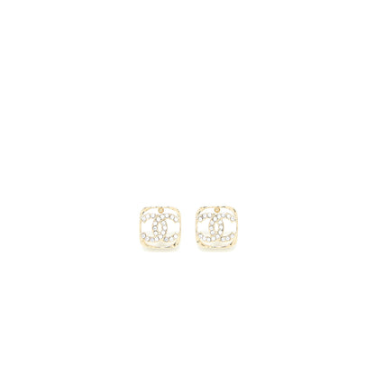 Chanel Square CC Logo Earring Crystal Light Gold Tone