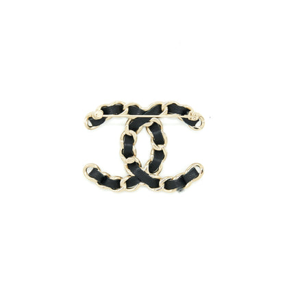 Chanel CC Logo Leather Chain Brooch Black LGHW