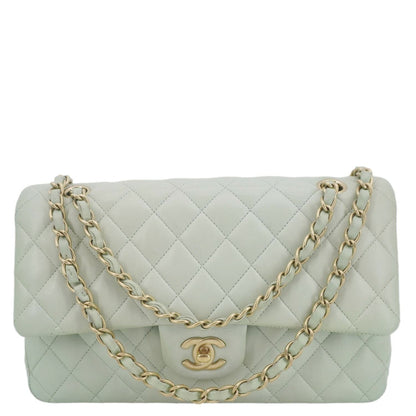 CHANEL Classic Double Flap Small Quilted Leather Shoulder Bag Light Green