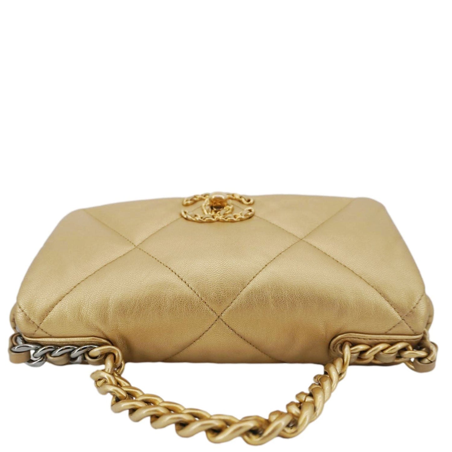 CHANEL 19 Flap Quilted Lambskin Leather Shoulder Bag Metallic Gold