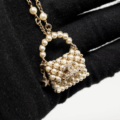 Chanel Mini Pearl Bag Necklace Light Gold Tone