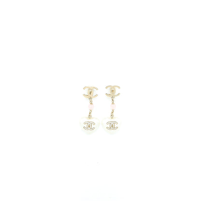 Chanel CC Logo Heart Drop Ear Clips Crystal/Pearl Light Gold Tone