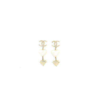 Chanel CC Logo Heart Drop Earrings Light Gold Tone
