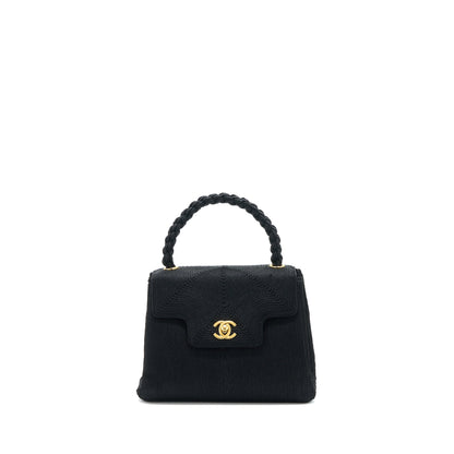 Chanel Vintage Top Handle Flap Bag Woven Silk Black GHW