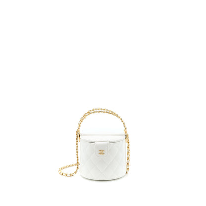 Chanel Top Handle Round Vanity with Chain Lambskin White GHW (Microchip)