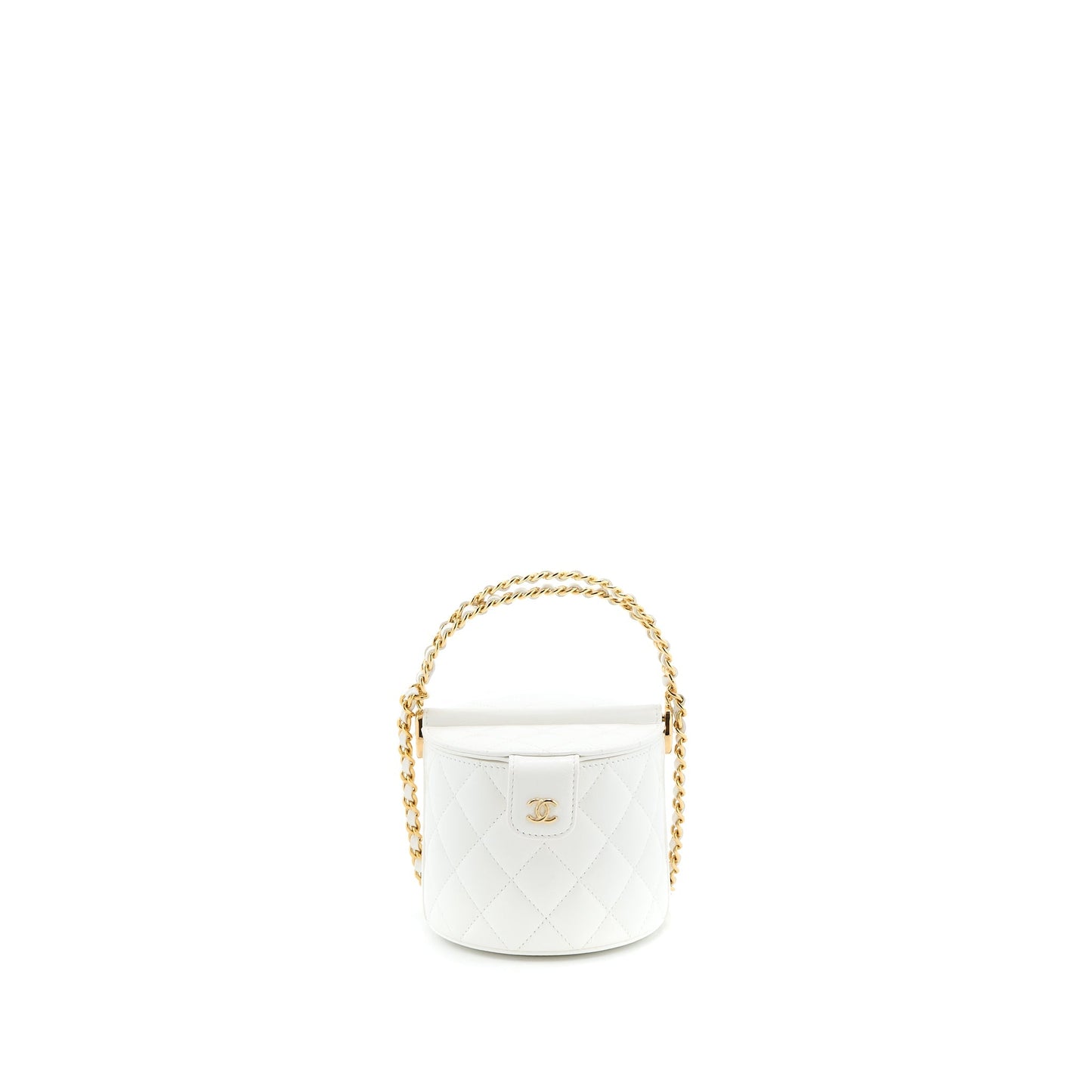 Chanel Top Handle Round Vanity with Chain Lambskin White GHW (Microchip)