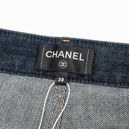 Chanel Size 38 CC Logo Washed Out Denim Jeans Cotton Dark Blue
