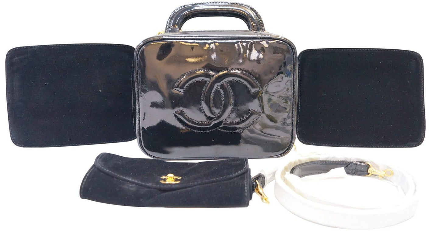 CHANEL CC Black Patent Leather 2way Vanity Case Cosmetic Bag