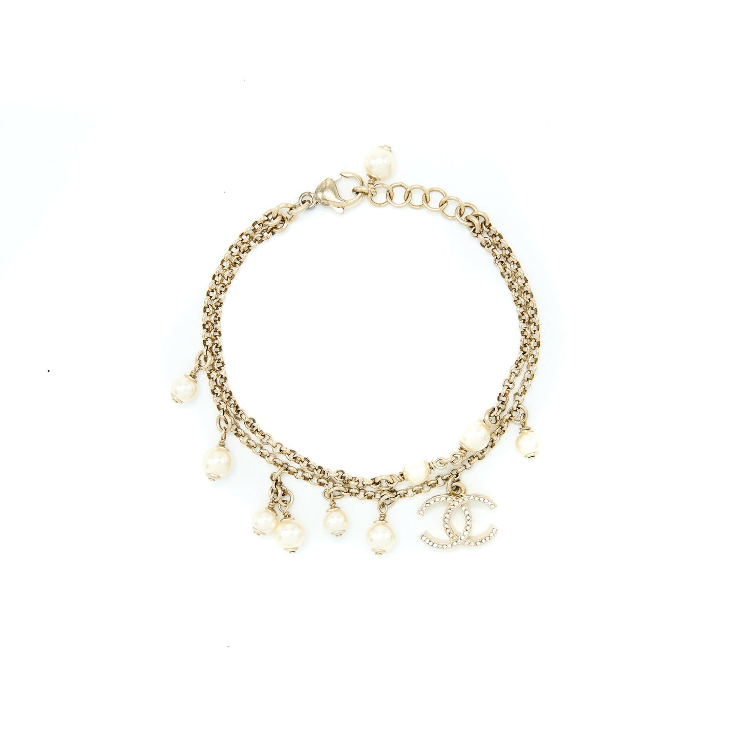 Chanel Double Chain CC Logo Bracelet Crystal/Pearl Light Gold Tone