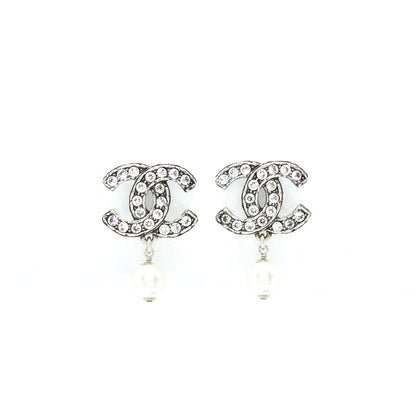 Chanel Crystal CC Earrings With Dropping Pearl SHW