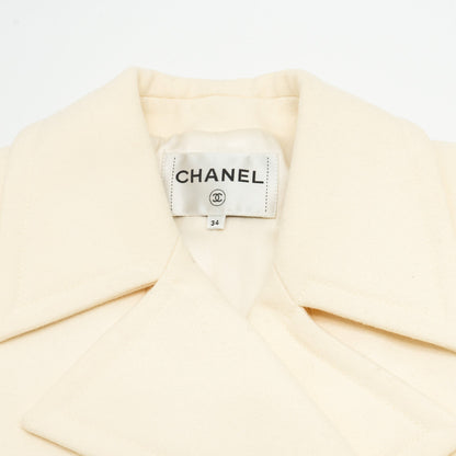 Chanel Size 34 Silver CC Button with Cream Details Coat Wool/Cashmere White