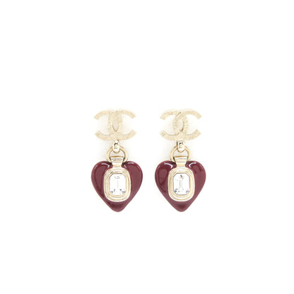 Chanel CC Logo And Heart Earrings Red And Light Gold Tone