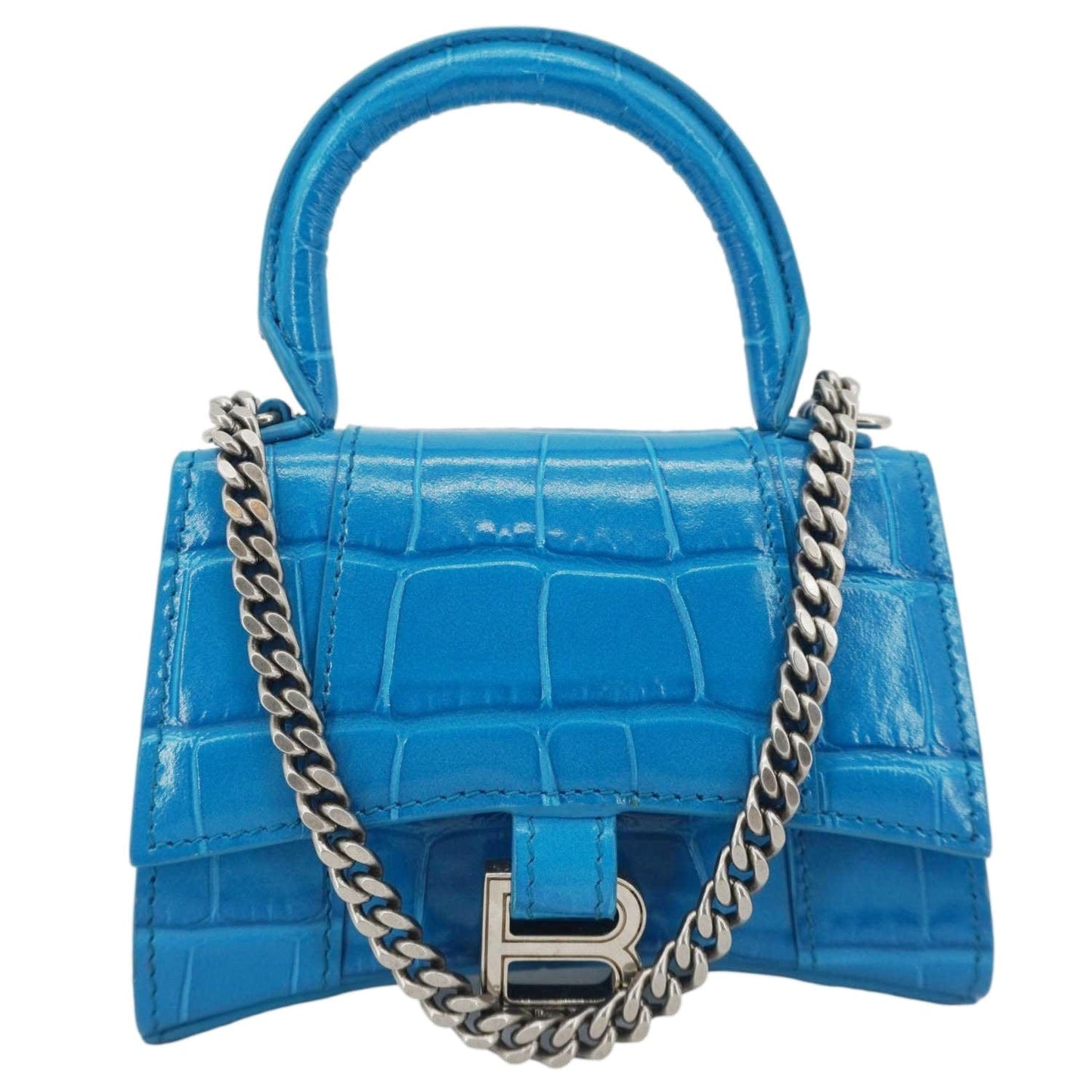 BALENCIAGA Hourglass Crocodile Embossed Top Handle Shoulder Bag Blue