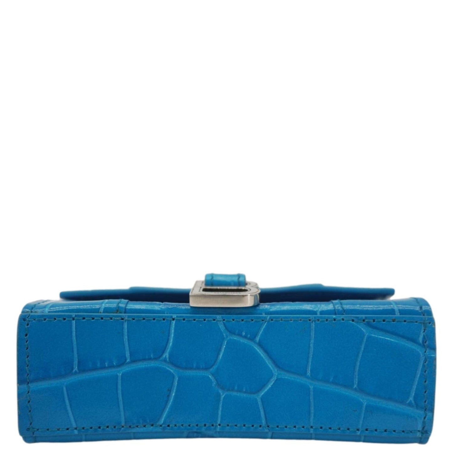 BALENCIAGA Hourglass Crocodile Embossed Top Handle Shoulder Bag Blue