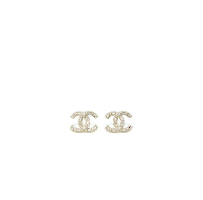 Chanel 22K Large CC Logo Earrings With Crystal Light Gold Tone