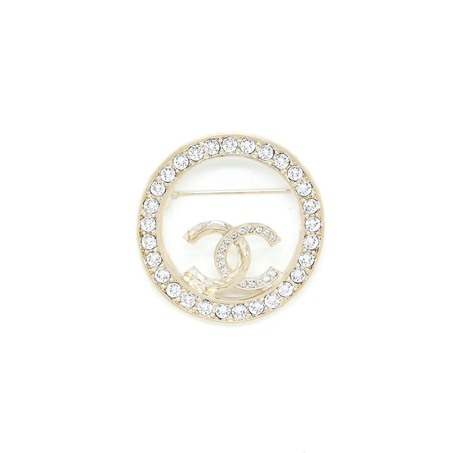 Chanel Round CC Logo Brooch Crystal Light Gold Tone
