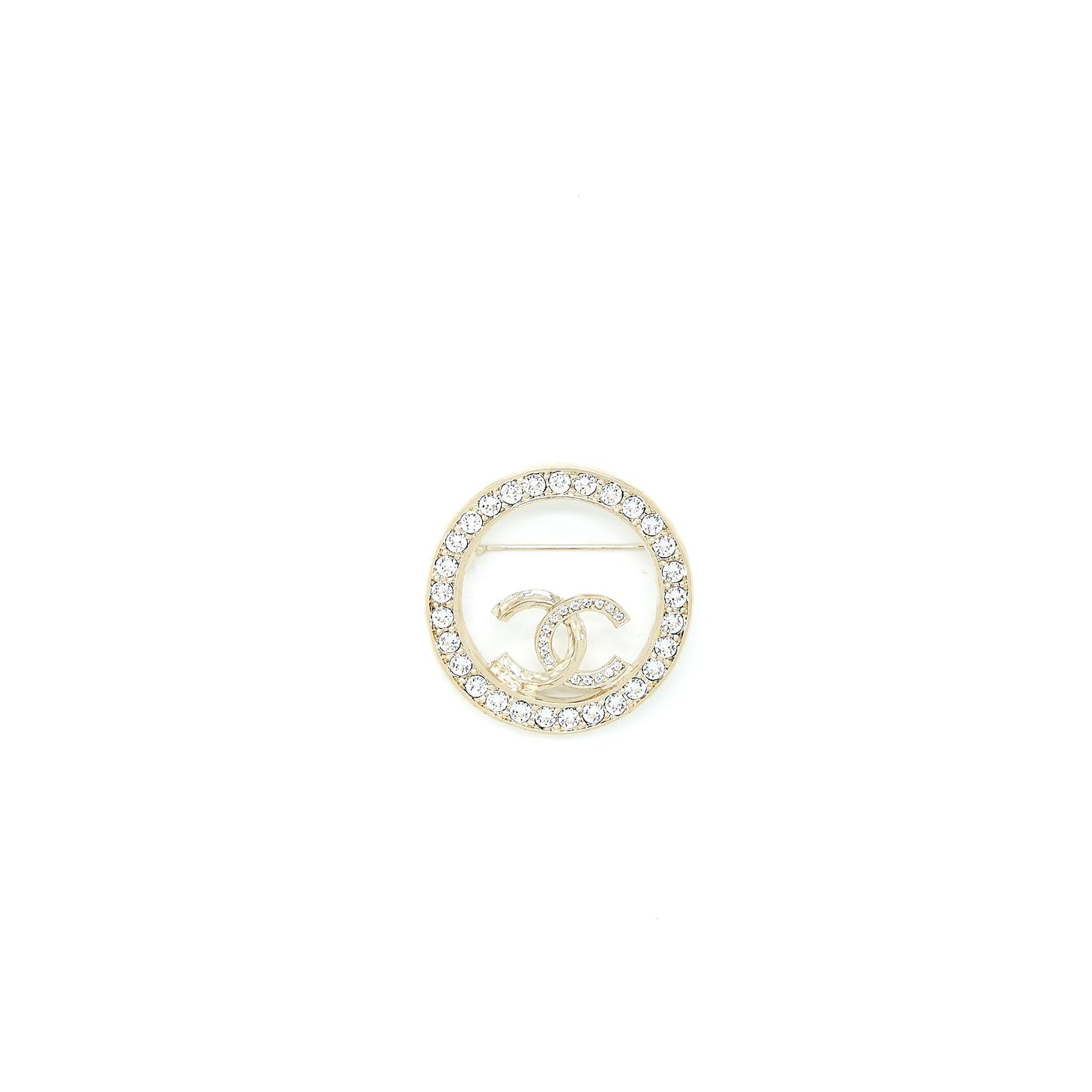 Chanel Round CC Logo Brooch Crystal Light Gold Tone