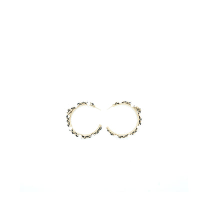 Chanel CC Logo Hoop Earrings Leather Chain/Pearl/Light Gold Tone
