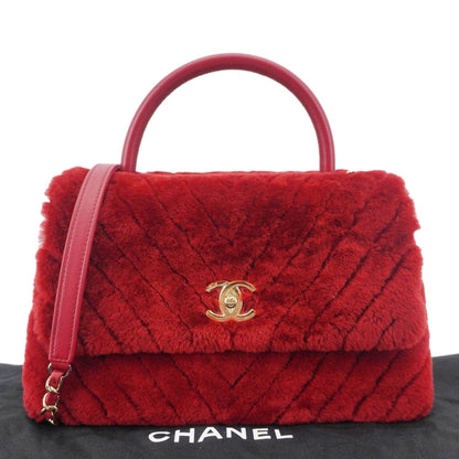 CHANEL Coco Handle Flap Shearling Chevron Shoulder Bag Red