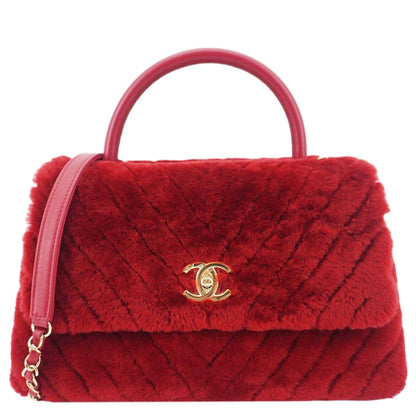 CHANEL Coco Handle Flap Shearling Chevron Shoulder Bag Red