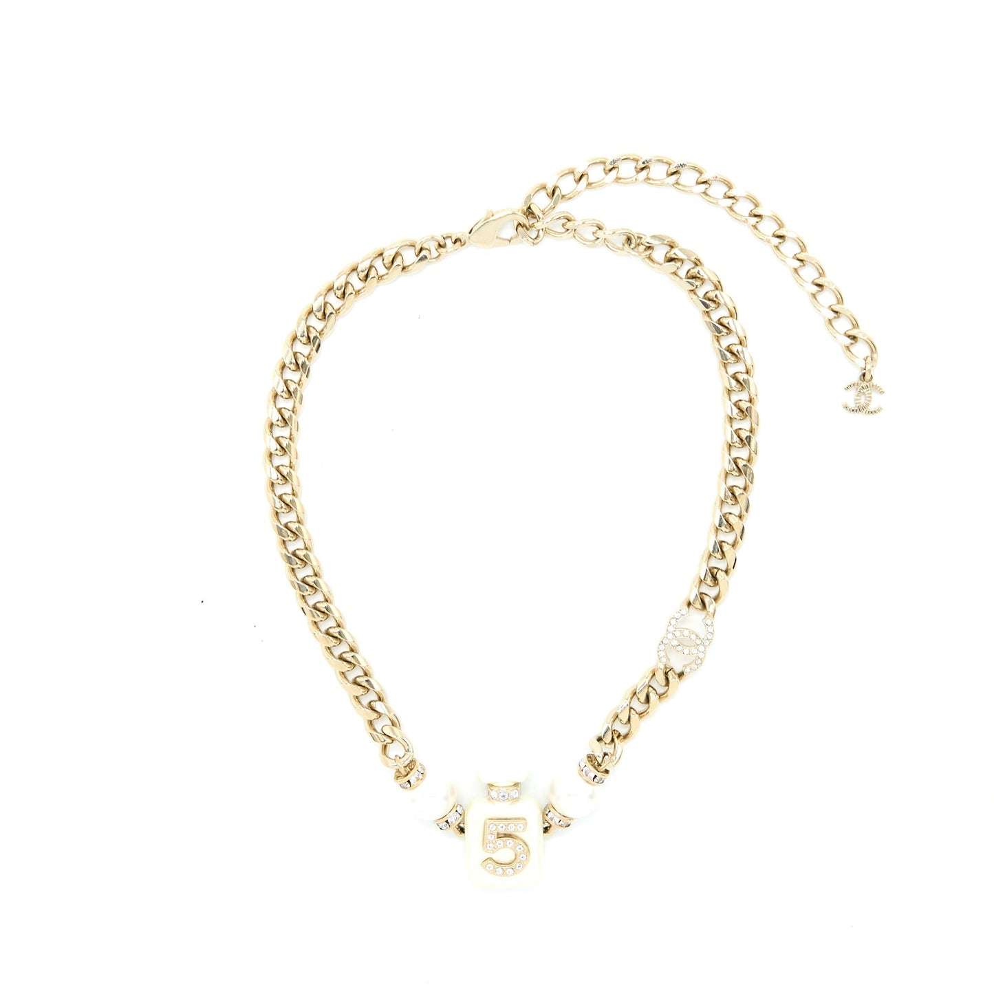 Chanel No.5 Perfume Bottle Chocker/ Necklace Crystal/Pearl Light Gold Tone