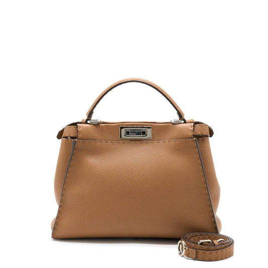 Fendi Medium Peekaboo Tote Purse Grained Calfskin Caramel