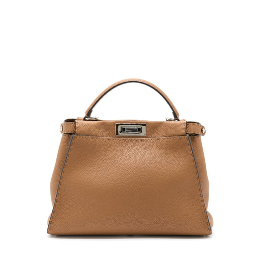 Fendi Medium Peekaboo Tote Purse Grained Calfskin Caramel