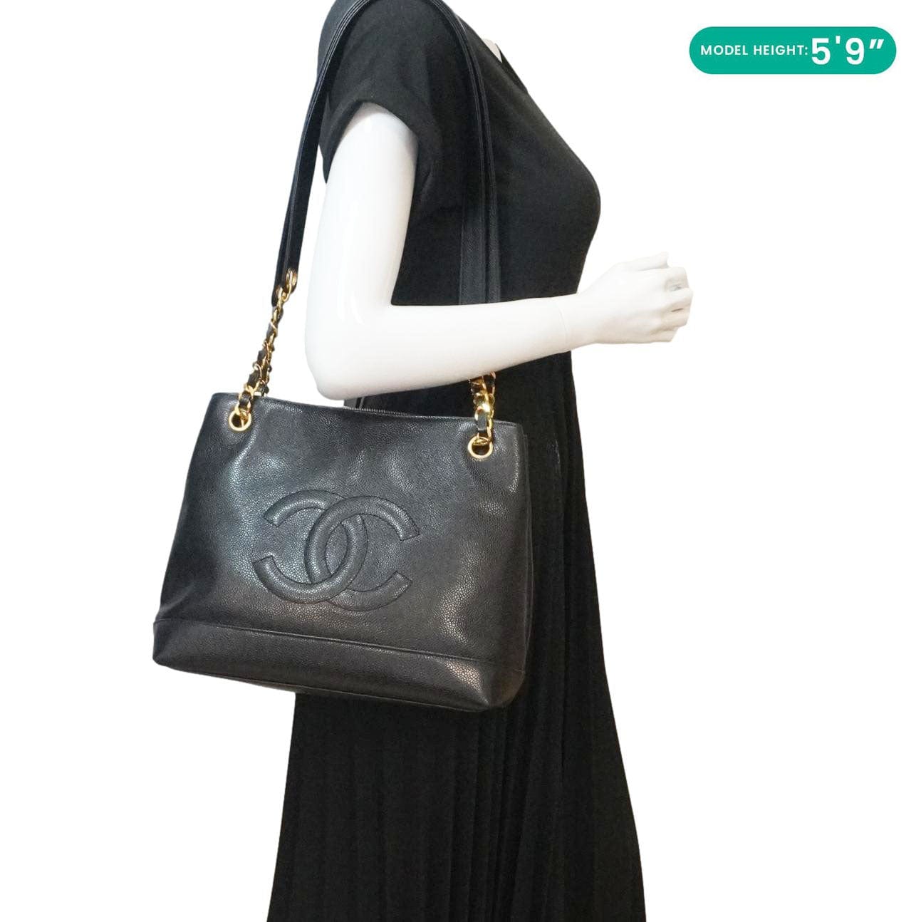 CHANEL Vintage Timeless CC Caviar Leather Chain Shoulder Strap Black