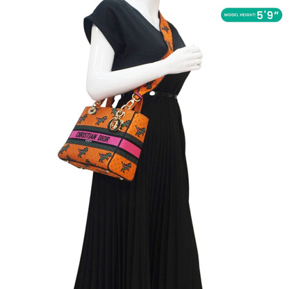 CHRISTIAN DIOR Lady Dior D-Lite Medium Dino Embroidered Shoulder Bag Orange