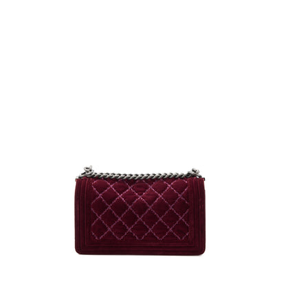 Chanel Medium Boy Bag Velvet Dark Red Ruthenium SHW
