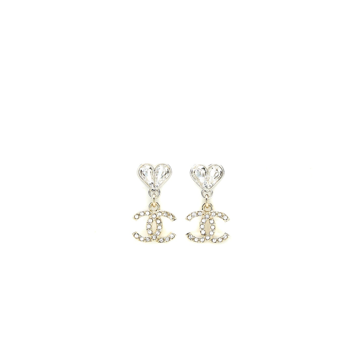 Chanel Heart & CC Drop Earrings Crystal Silver Tone