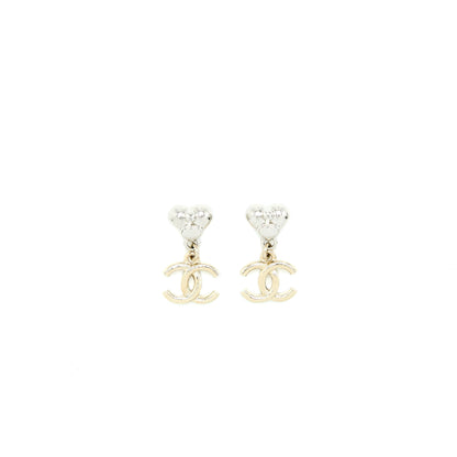 Chanel Heart & CC Drop Earrings Crystal Silver Tone