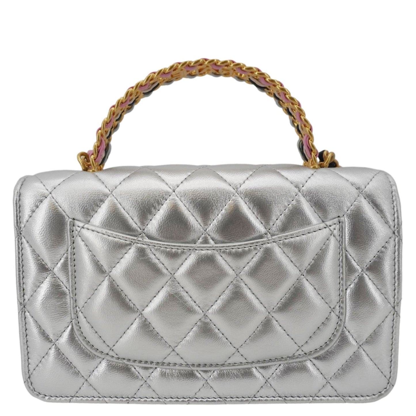 CHANEL Rainbow Woven WOC Calfskin Leather Top Handle Bag Metallic Silver