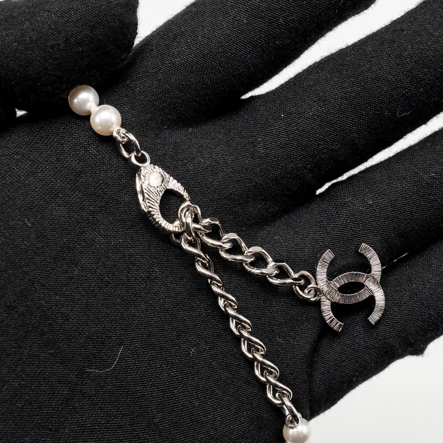 Chanel Crystal/Pearl CC Logo Dropped Necklace Silver Tone