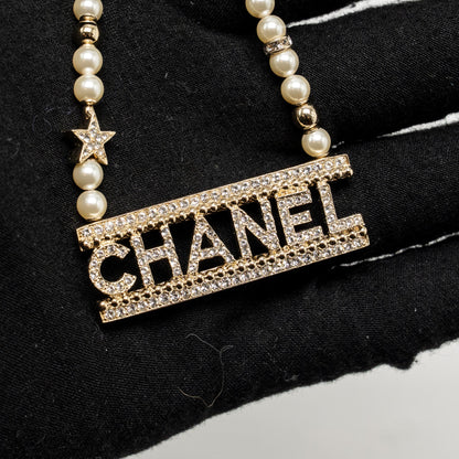 Chanel Letter Logo Necklace Crystal/Pearl Light Gold Tone
