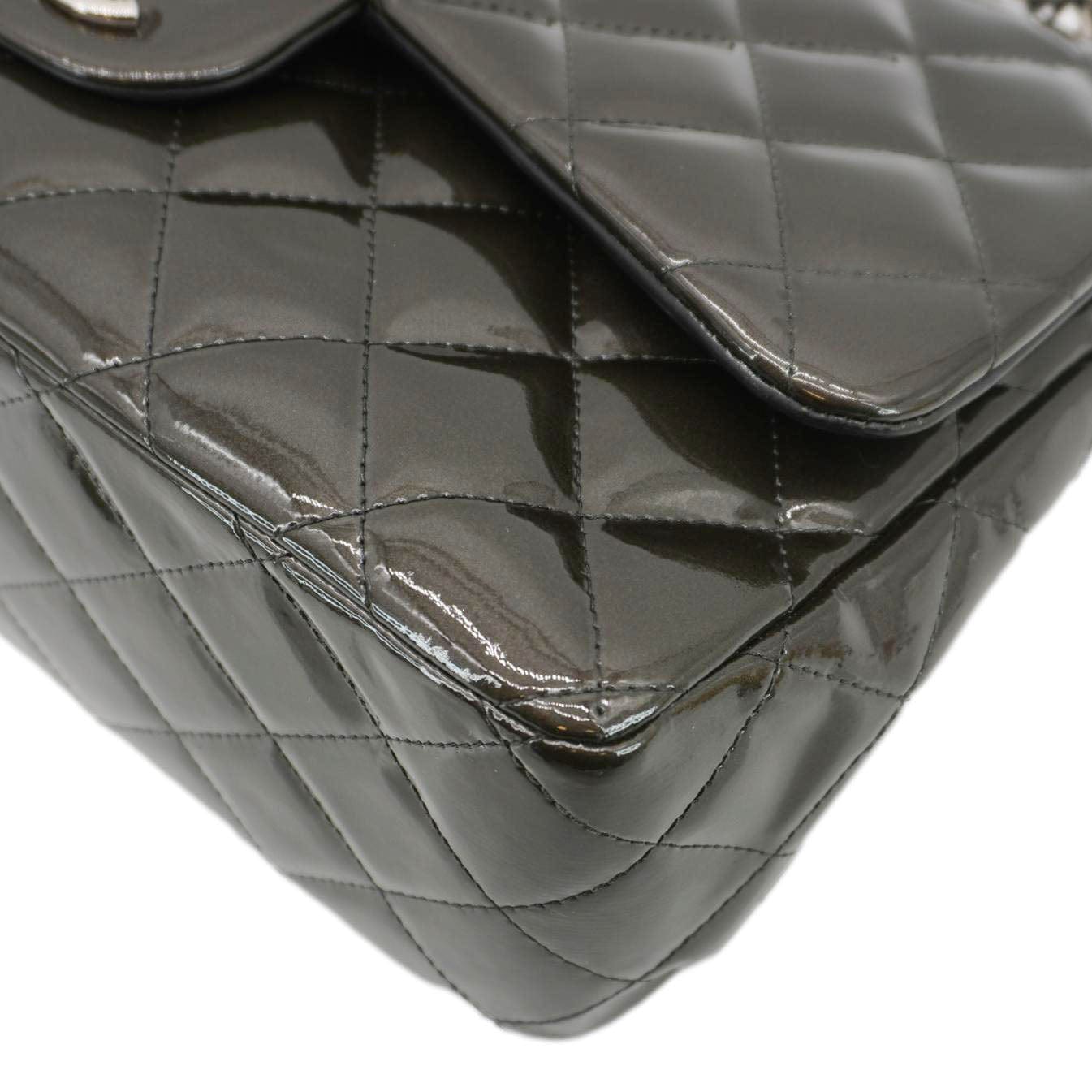 CHANEL Classic Double Flap Quilted Patent Leather Shoulder Bag Dark Green