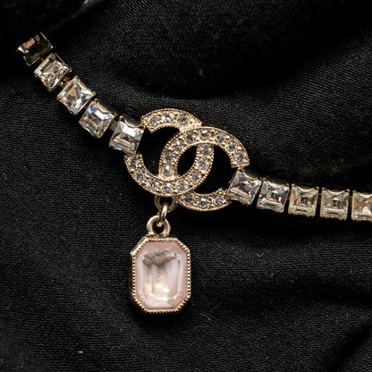 Chanel Pink Crystal Drop CC Logo Chocker/Necklace Light Gold Tone