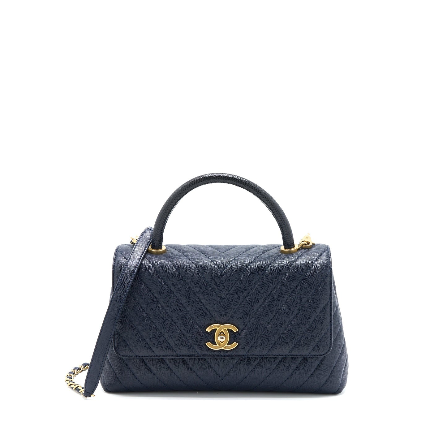 Chanel Medium Chevron Coco Handle Bag Caviar with Lizard Handle Navy Brushed GHW