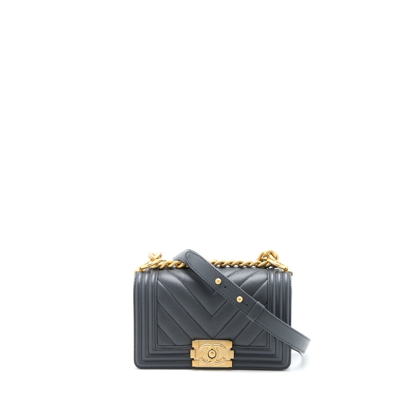 Chanel Small Boy Bag Chevron Caviar Dark Grey Brushed GHW (Microchip)
