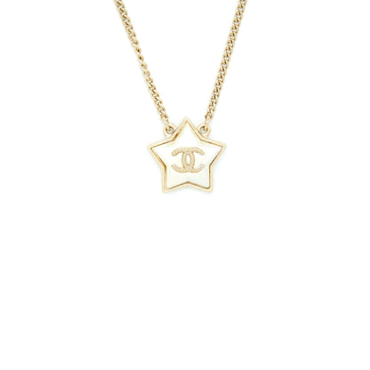 Chanel CC Logo Star Necklace White Light Gold Tone