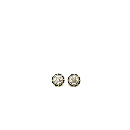 Chanel Round CC Logo Earring Leather Chain/Crystal Light Gold Tone