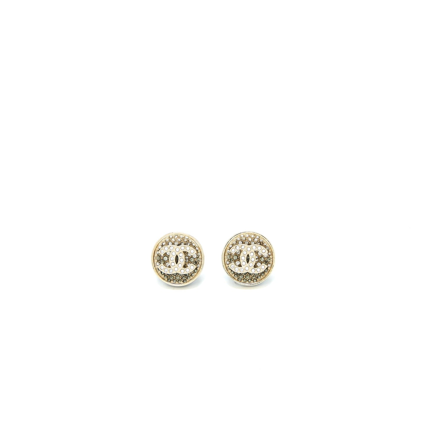 Chanel 23P CC Logo Crystal Round Earrings Light Gold Tone