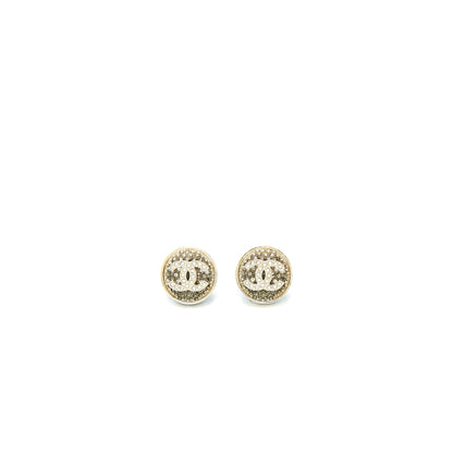 Chanel 23P CC Logo Crystal Round Earrings Light Gold Tone